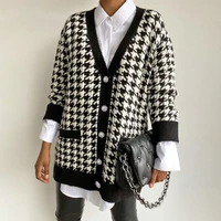v neck women button black houndstooth cardigan 2020 long sleeve sweater autumn winter knitted loose oversized jumper casual