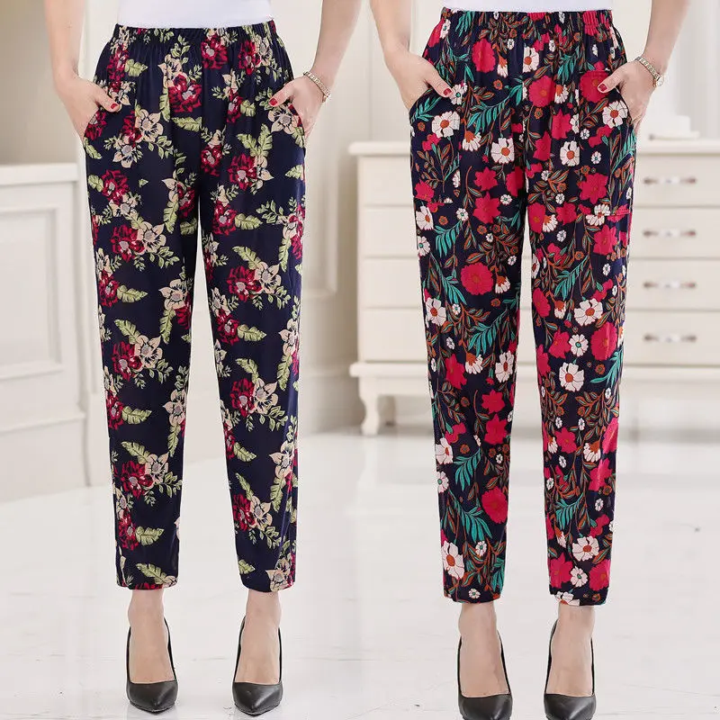 

High-Rise Straight-Leg Pants Women 2023 The New Stretch Pants Middle-Aged Summer Thin Mom Print Flowers Trousers Ladies W16