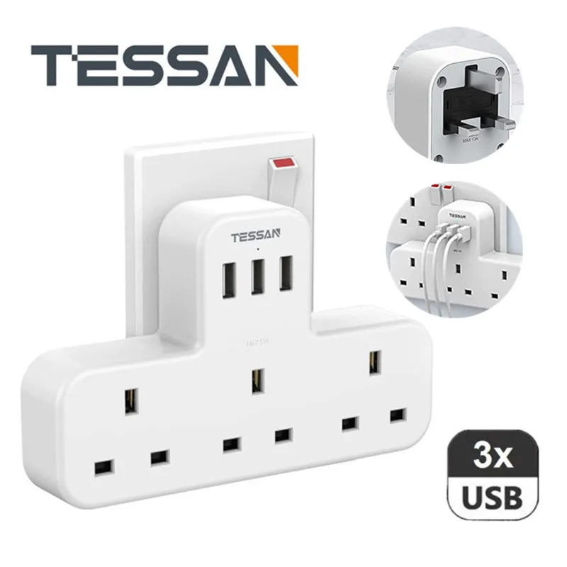 

TESSAN USB Socket Adapter UK Plug Compact White Multi Outlets with 3 Slots and 3 USB Ports 6 In 1 Wall Charger Extender for Home