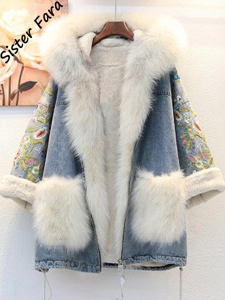 

Sister Fara New Winter Women Lamb Fur Parka Coat Warm Hooded Fur Denim Jacket Casual Jeans Coat Female Thick Warm Denim Jacket
