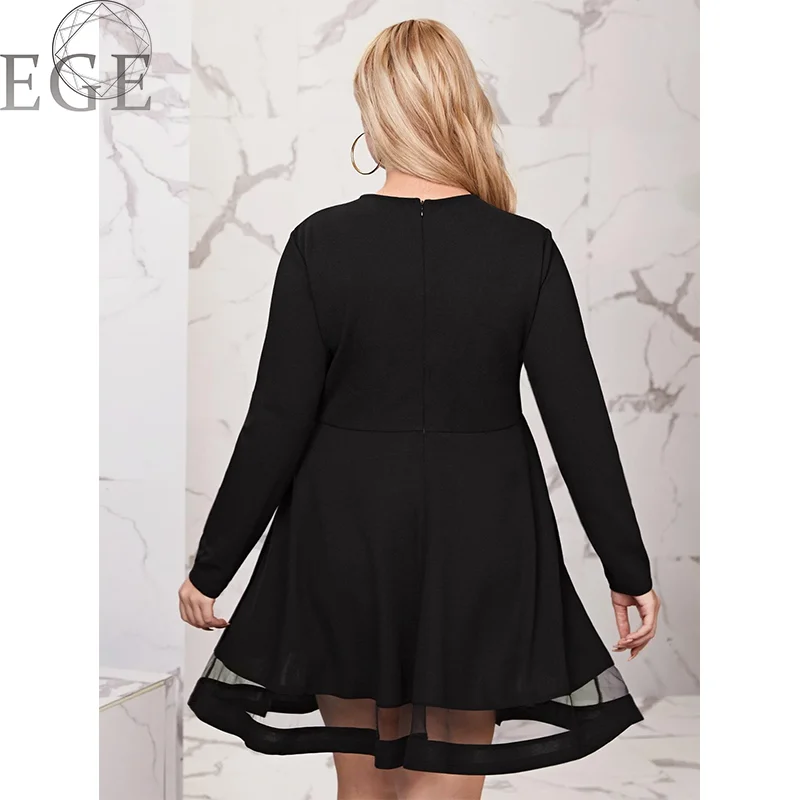 Plus Size Round Neck Black Dress Shiny Mesh Gorgeous Noble Plus Size Long Sleeve Loose 4xl 5xl 6xl Dresses