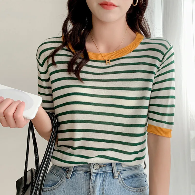 

Summer Fashion Women's Casual O-Neck Shirts Pullover Slim Loose All Match Cute Stripes Gentle Commute