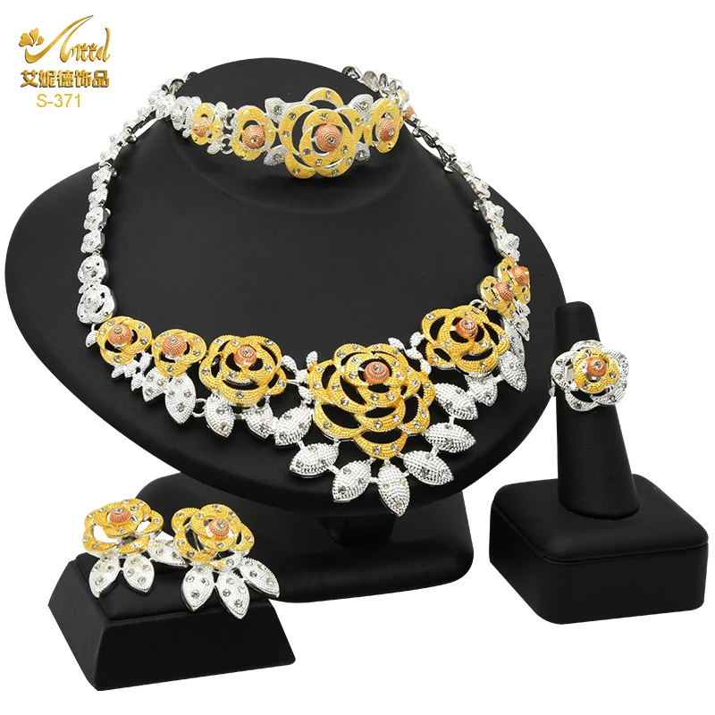 

ANIID Indian Luxury Crystal Jewelry Set Dubai Women Necklace Earrings Bracelet Set Moroccan Bridal Wedding Party Luxury Gifts