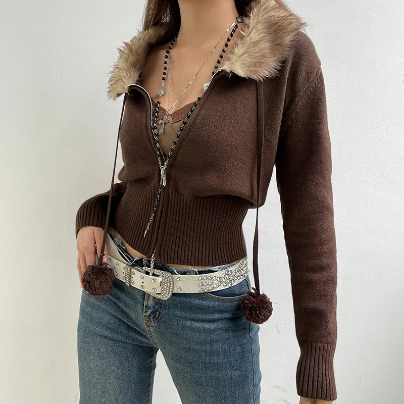 

Spring Fashion Solid Color Long Sleeve Two-way Separating Zip Fur Collar Casual Knit Cardigans Short Sweaters Women Knitwear