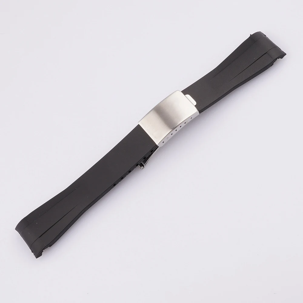 Rolamy 20mm extremidade curvada pulseira de relógio de borracha com 9mm * 16mm preto fivela de relógio fecho para o papel daytona submariner pulseira