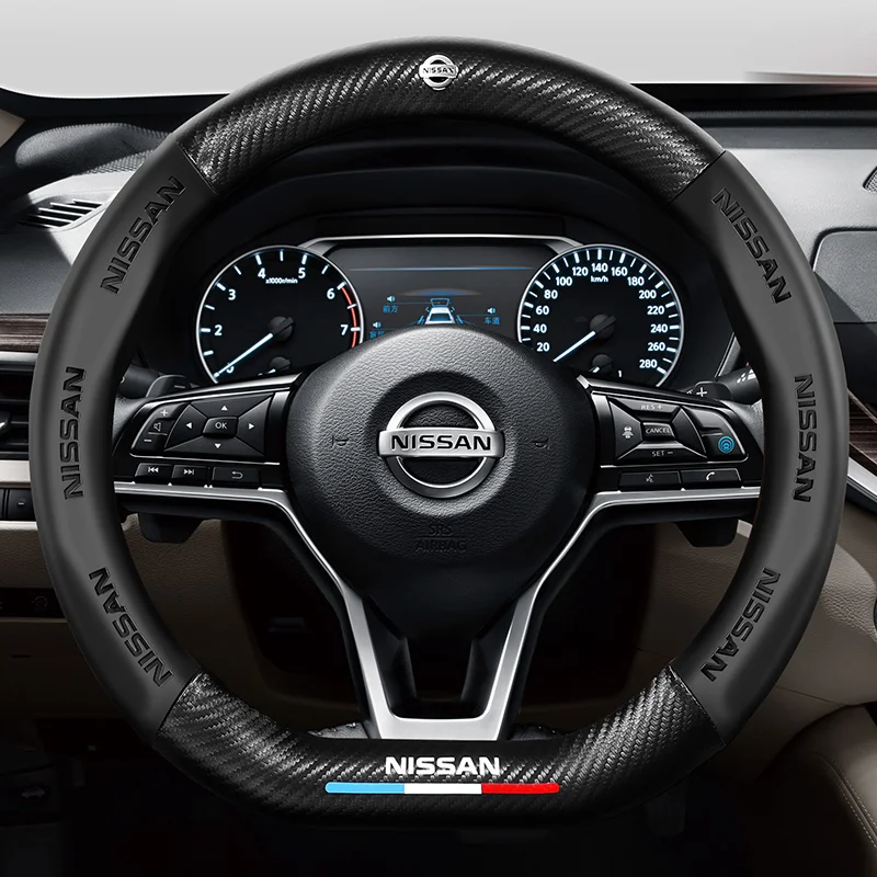 

38cm Steering Wheel Covers For Nissan Sylphy Qashqai X-TRAIL Anti Slip PU Leather Steering Wheels Auto Decoration Carbon Fiber