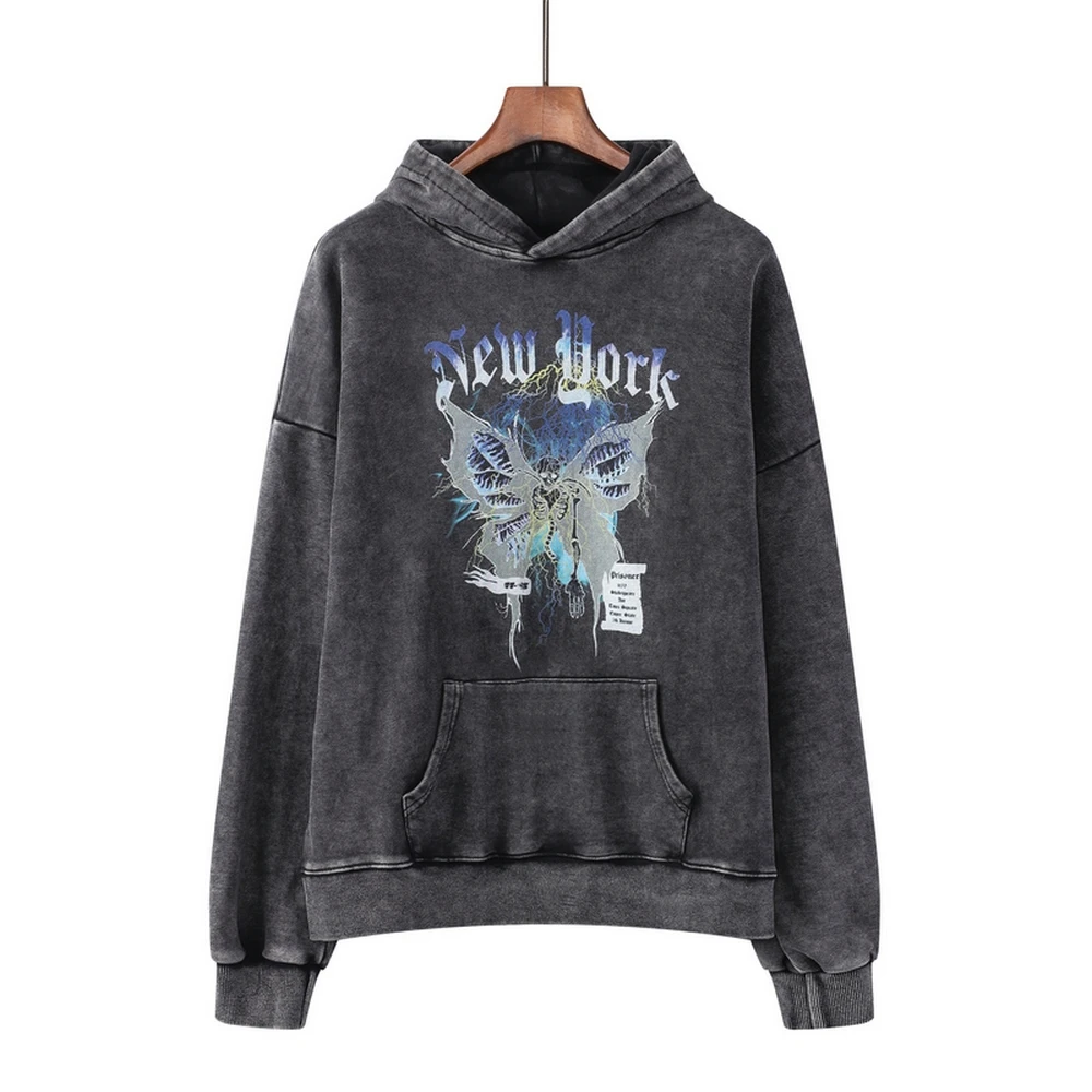 

2022 Autumn Hoodie Hip Hop Women's Retro Washed Tops Letter Butterfly Print Pullover Casual Oversized Unisex Fashion Streetwear