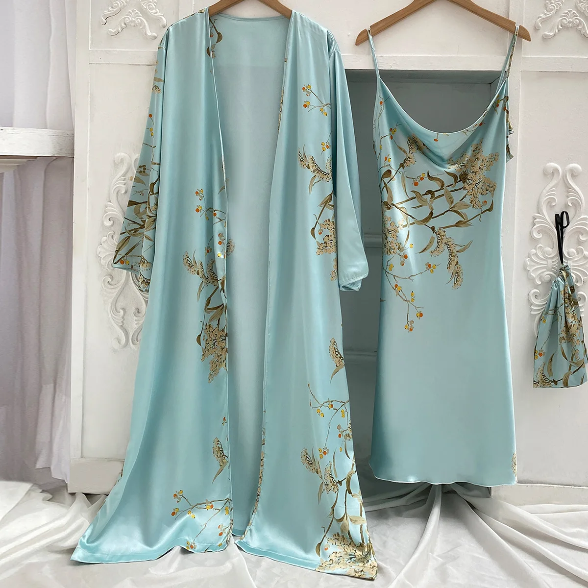 Print 2pcs Robe Sleep Suit Women Bridal Kimono Bathrobe Gown Lingerie Satin V-Neck Sleepwear Strap Nightgown Loungewear