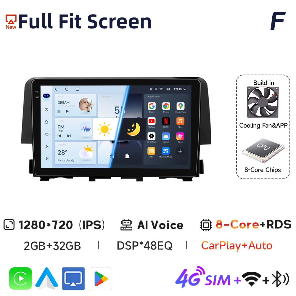 

Для Honda Civic 10 2016 2017 2018 2019-2021 Android 14 Carplay Авто Авто Радио Мультимедийный Видеоплеер Навигация GPS 4G WIFI