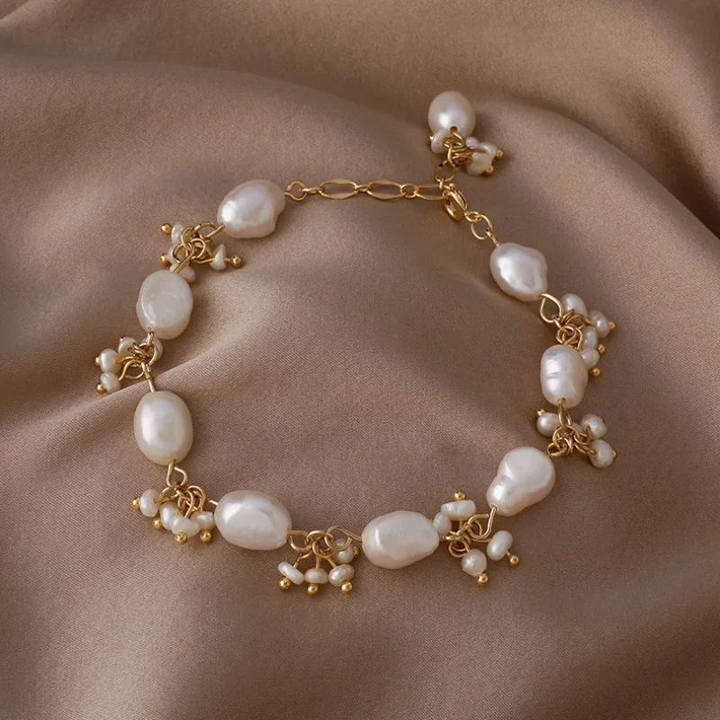 

Minar INS Fashion 14K Gold Plated Brass Genuine Freshwater Pearl Tassel Strand Beaded Bracelets for Women Wedding Party Jewelry