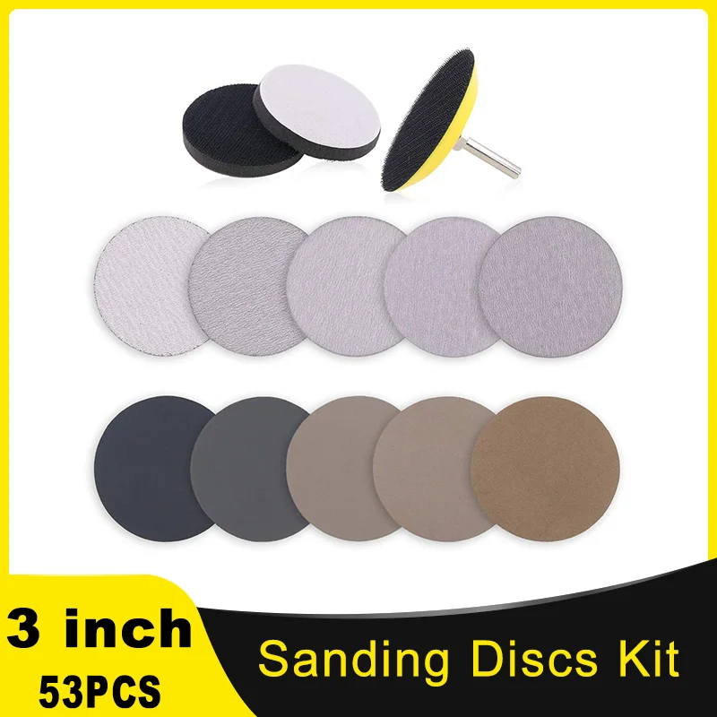 

53Pcs Wet & Dry Sanding Discs Assortment Kit 3 Inch Aluminum Oxide Multiple 80-7000 Grit with 1/4 inch Shank Backing Pad