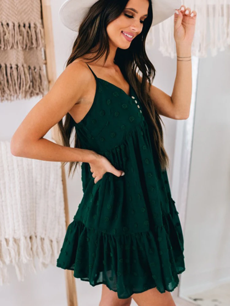 

Summer New V-neck Sexy Slim Casual Solid Color Suspender Dress Fashionable Temperament Large Swing Skirt Women Dress for Women