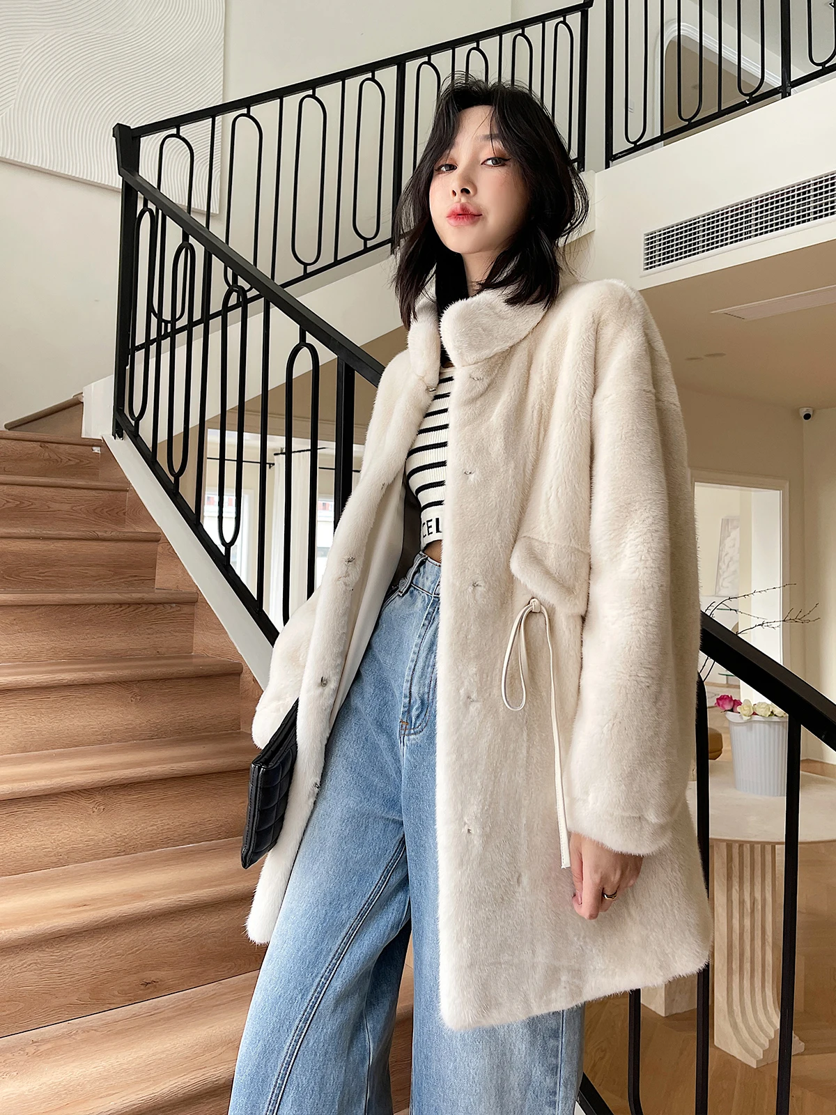 New Velvet Marten Overcoats Women's Mid-Length Young Fashion Fur Whole Mink Mink Coat