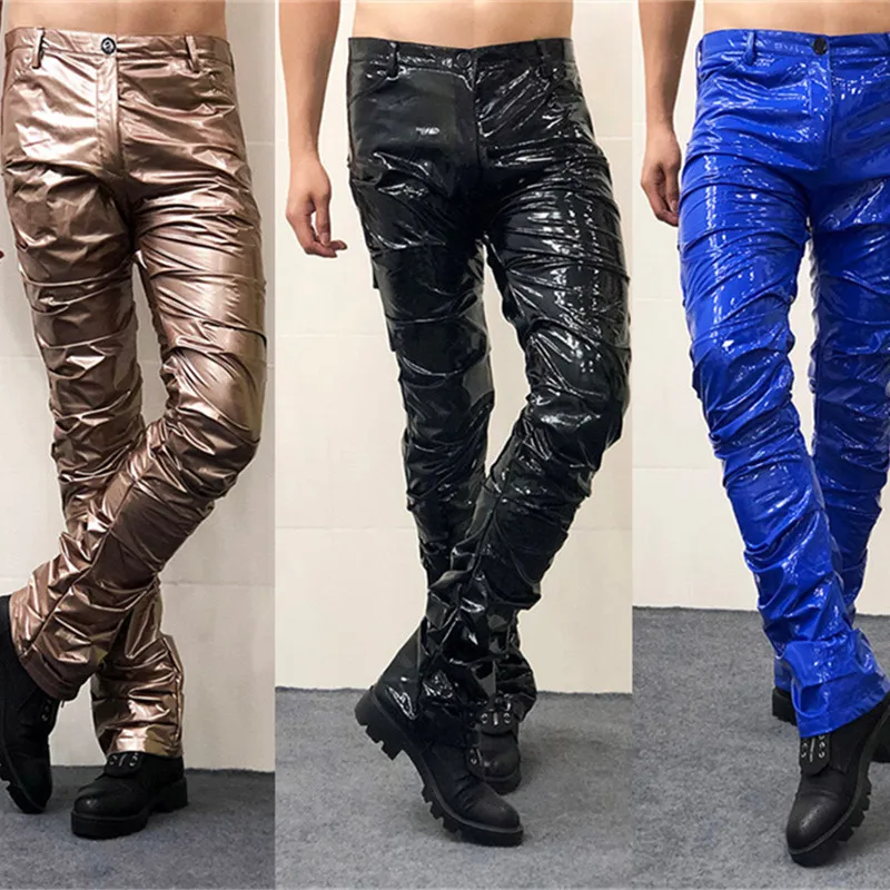 Men Skinny Stretch Pleated Trumpet Leather Pants Motorcycle Reflective PU Leather Trousers Bar Stage Rock Singer Hip Hop Costume