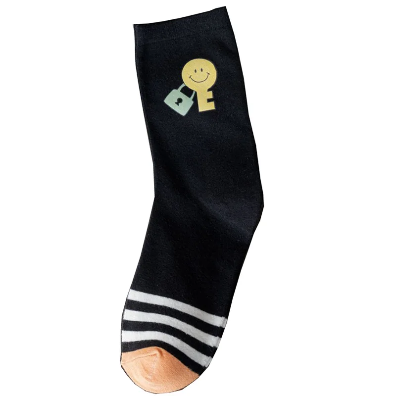 5 Pair College Style Pure Cotton Socks Women Cute Cartoon Smiley Stripe Long Socks Set Autumn Winter Fashion Cycling Foot Cover