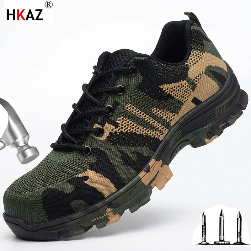 

HKAZ Camouflage for Men Women Boots Safety Shoes Sneakers Steel Toe Puncture-Proof Work Boots Indestructible Footwear LBX526