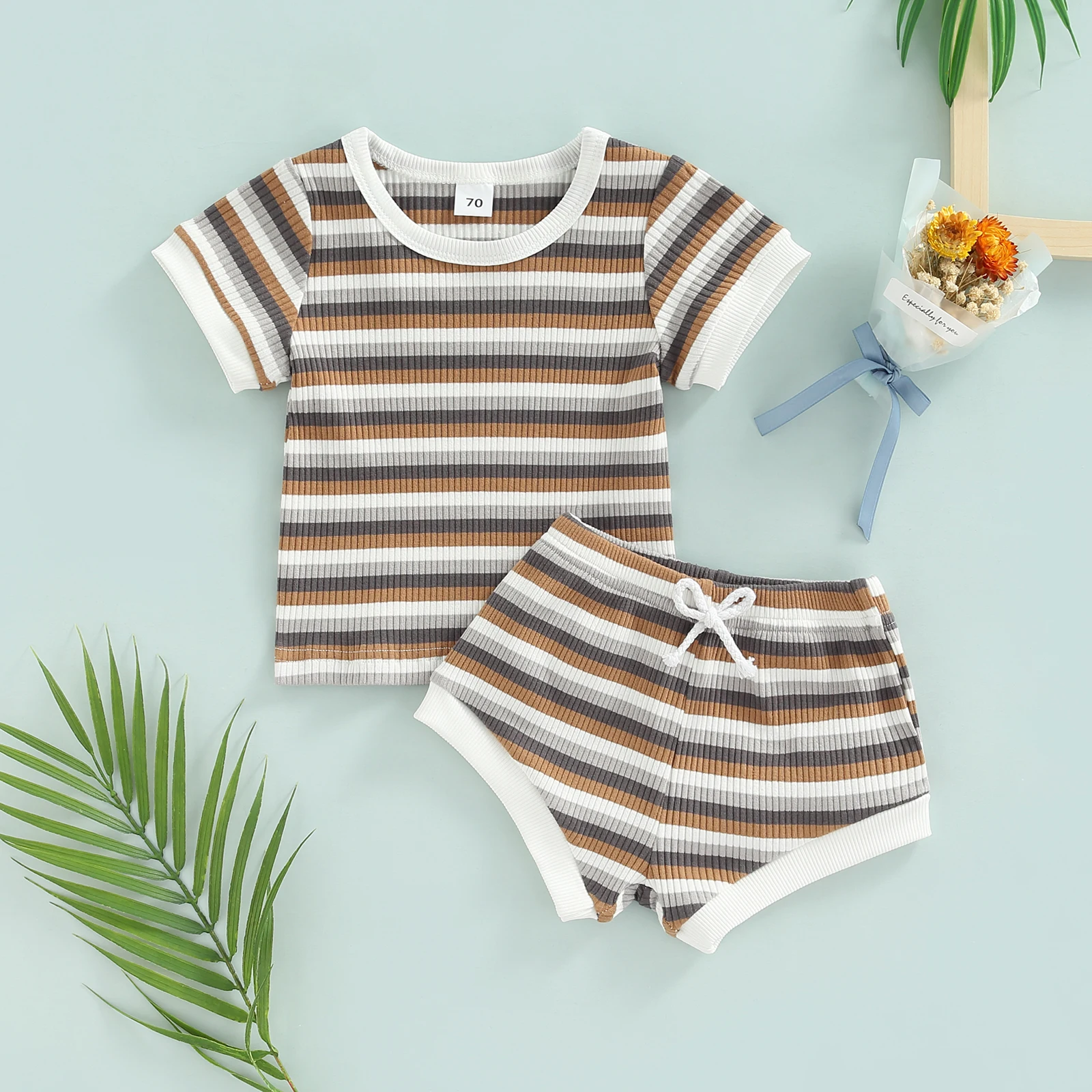 

Summer Baby T-shirt and Shorts Set Fashion Stripe Short Sleeve Tops and Tie-up Elastic Short Pants Outfit