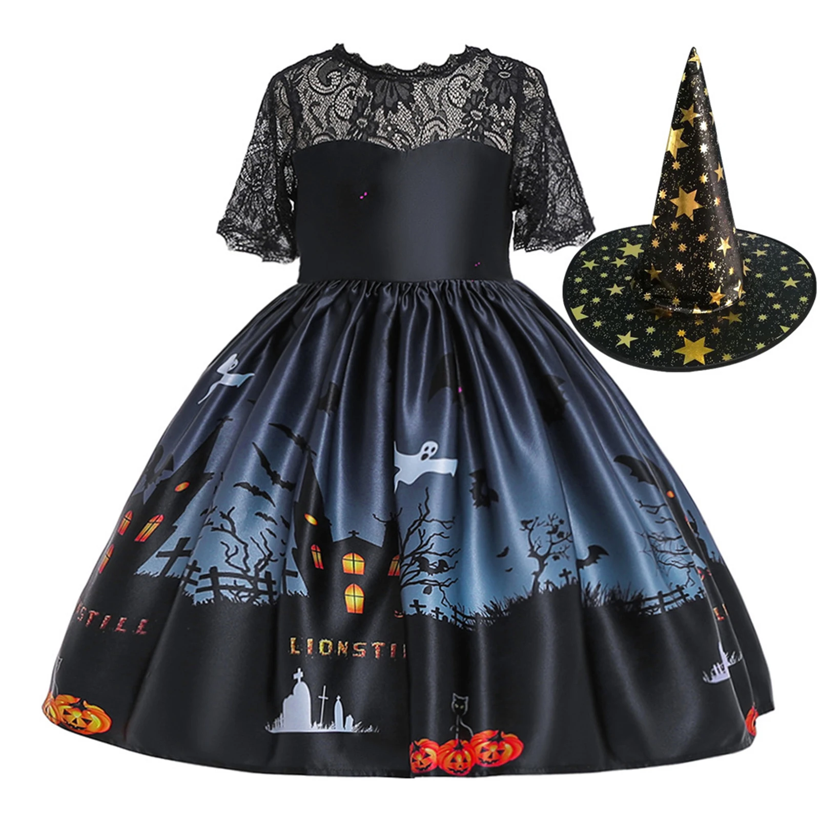 

Kids Girls Halloween Role Play Witch Printed Dress Back Zipper Fluffy Dress with Pointed Witch Hat Costumes for Cosplay Party