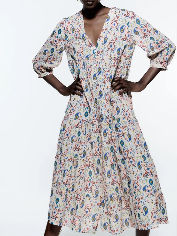 

Kumsvag 2022 Summer Women MIDI Dress Vintage Floral Print V-Neck Long Sleeve Female Elegant Street Mid-Calf Dresses Clothing