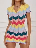 y2k sexy colorful wave stripe knitted crochet mini dresses women 2022 fashion turn down collar short sleeve bodycon casual dress