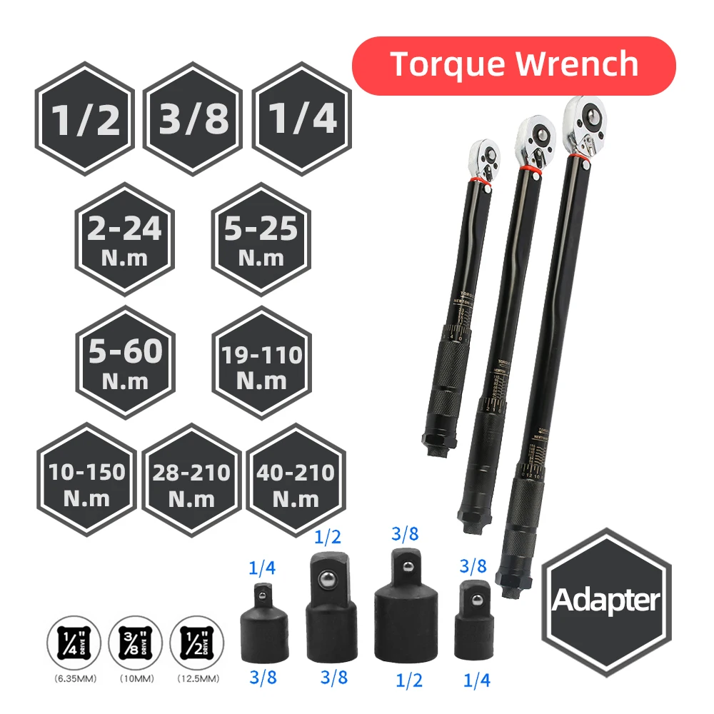 

2-210N.m Torque Wrench 1/2 3/8 1/4 Bicycle Automotive Key Ratchet Spanner ±4% Accuracy Professional Car Cycling Reapir Tool Set