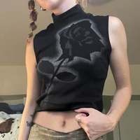 2022 summer sexy y2k women dark rose print tank tops off shoulder slim cropped high collar black and white vests crop top