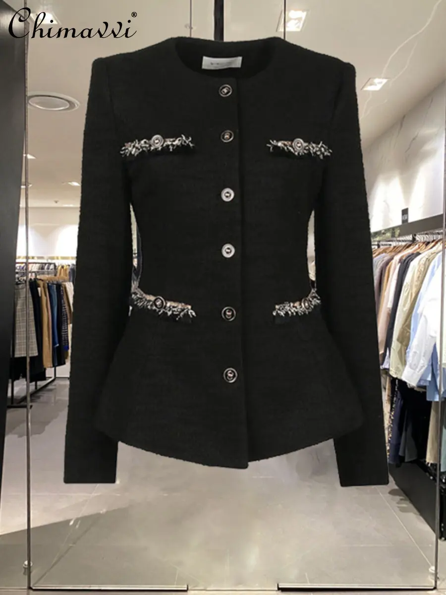 Female Elegant Chic Fashion Slim Waist Short Coat Women's 2022 Autumn New Trendy Office Lady Solid Color Tweed Suit Jacket