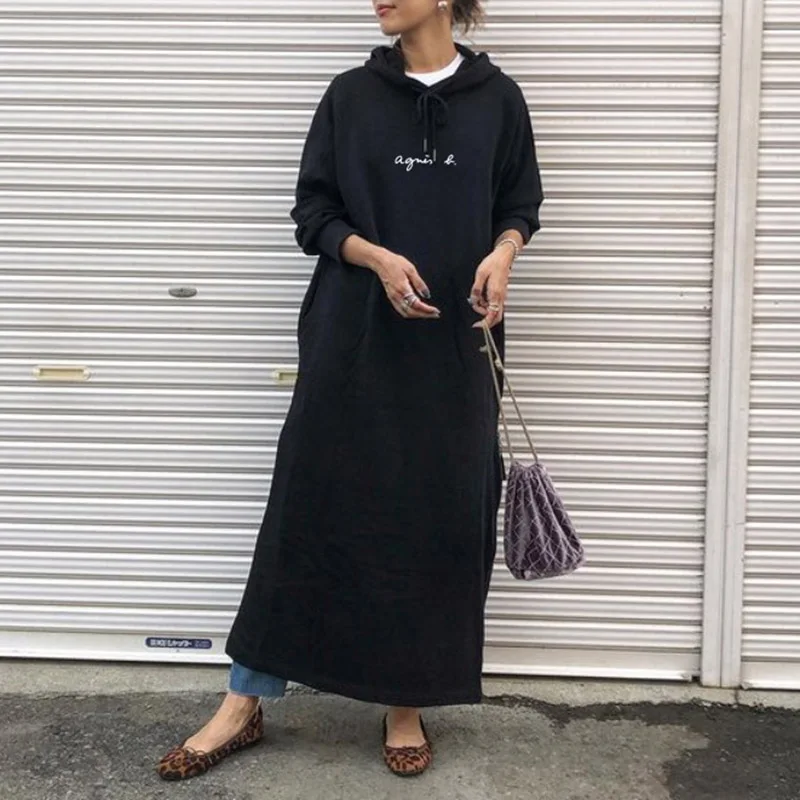 

Japanese Hooded Women Dress Casual Patchwork Office Lady Simple A-Line Thin Ankle-Length Solid Color 2021 Autumn Female Dress