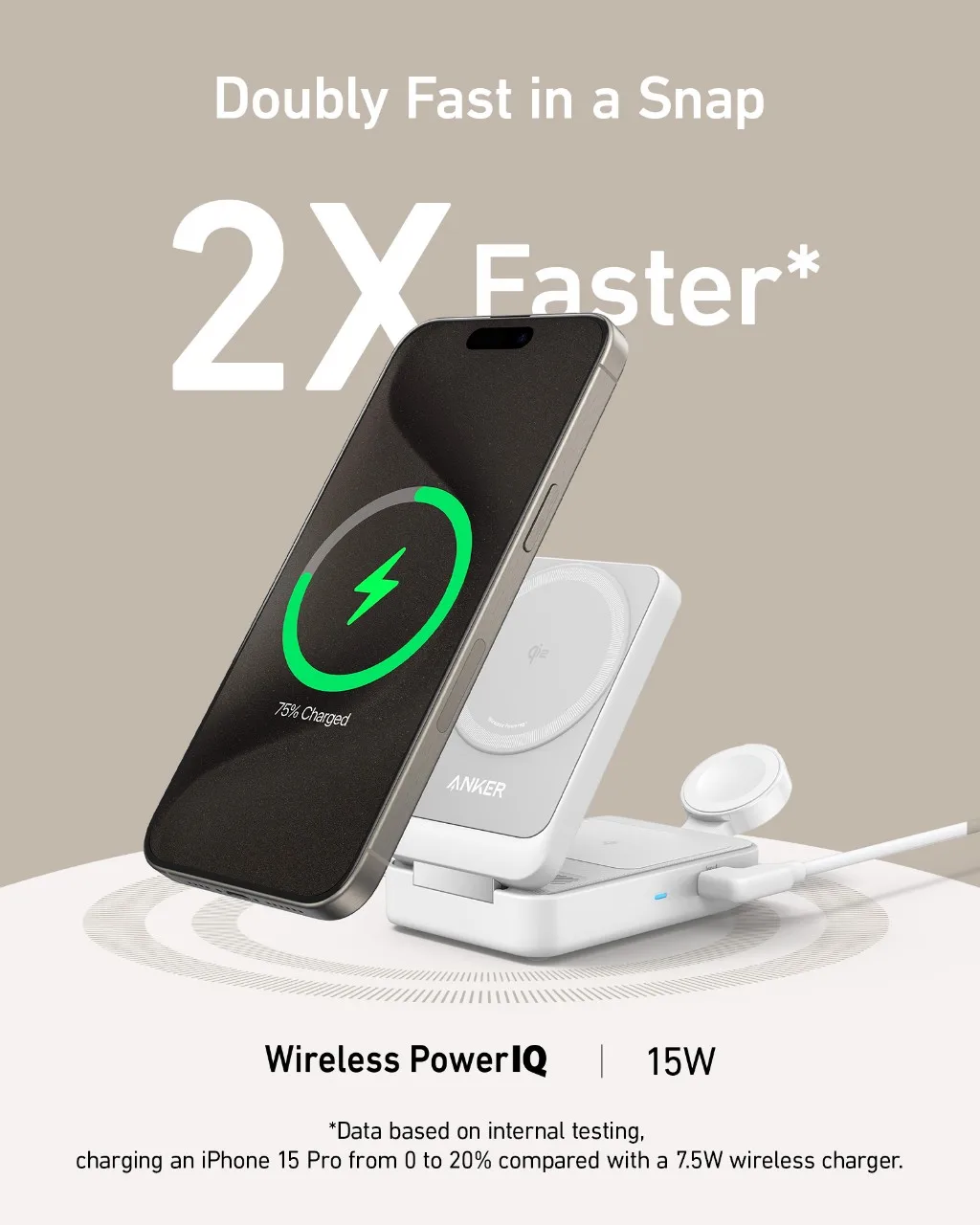 Фото Зарядная станция Anker MagGo 3-в-1 для iPhone 16, беспроводная зарядная подставка, совместимая с MagSafe, складное зарядное устройство Qi2 15 Вт №2