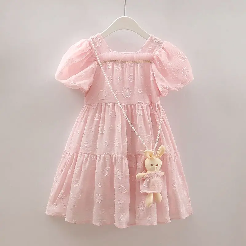 

Kids Clothes Girls' Solid Dress Summer Korean Round Neck Patchwork Lace Back Bandage Design Short Sleeve Pure Cotton Dresses