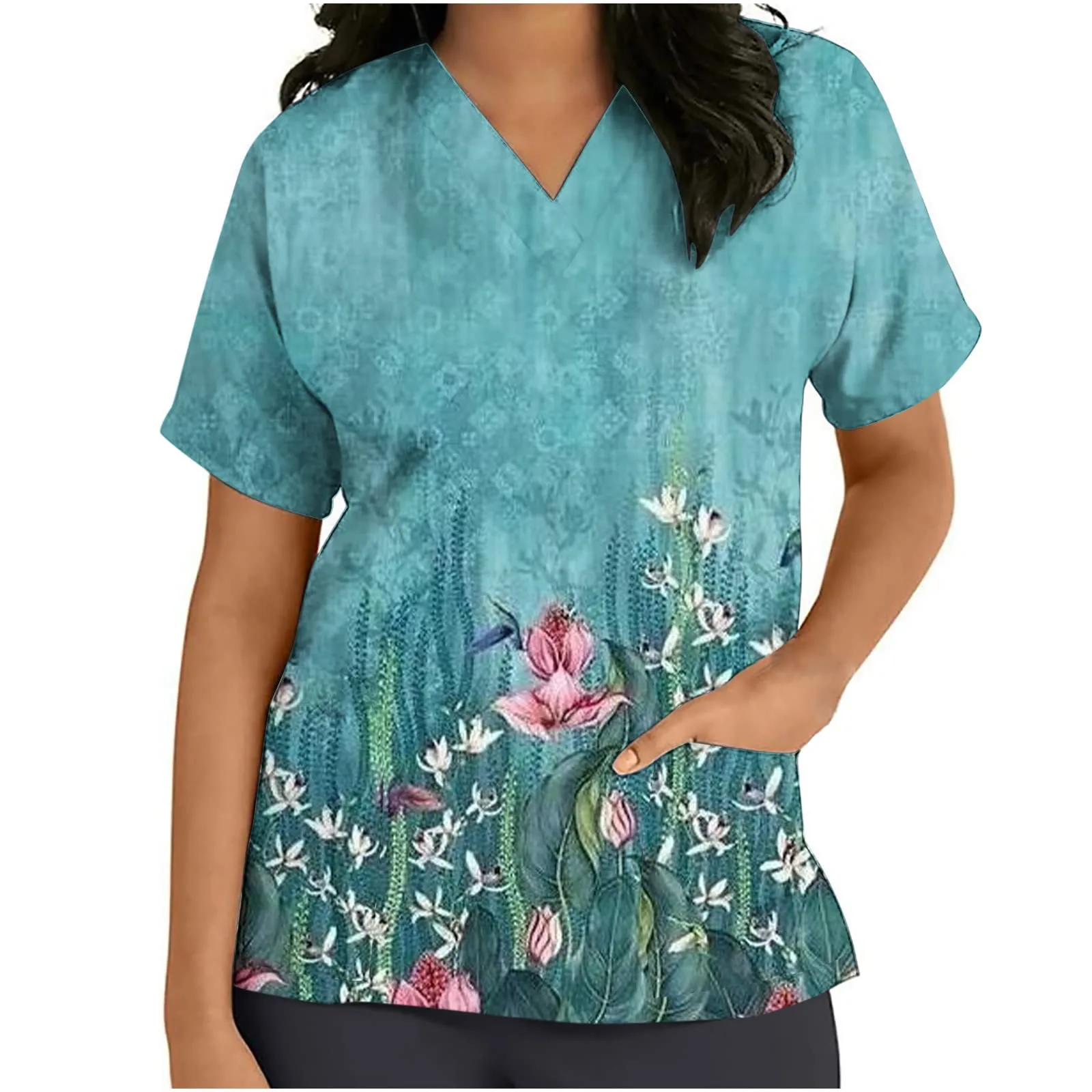

Pet Uniform Women Breathable Floral Print V Neck Surgical Medical Uniform Dentistry Doctor Nursing Working Scrubs Top Accessorie