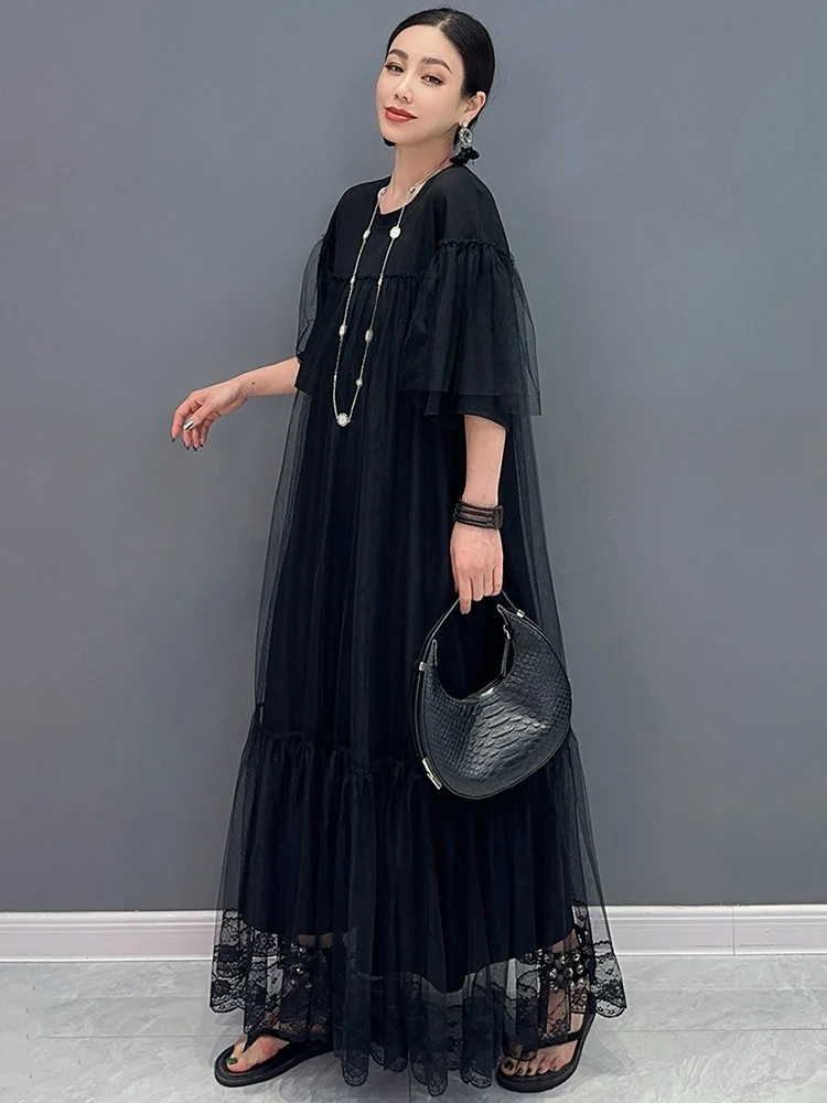 SHENGPALAE 2024 новое летнее женское платье кружевное с круглым вырезом большой подол