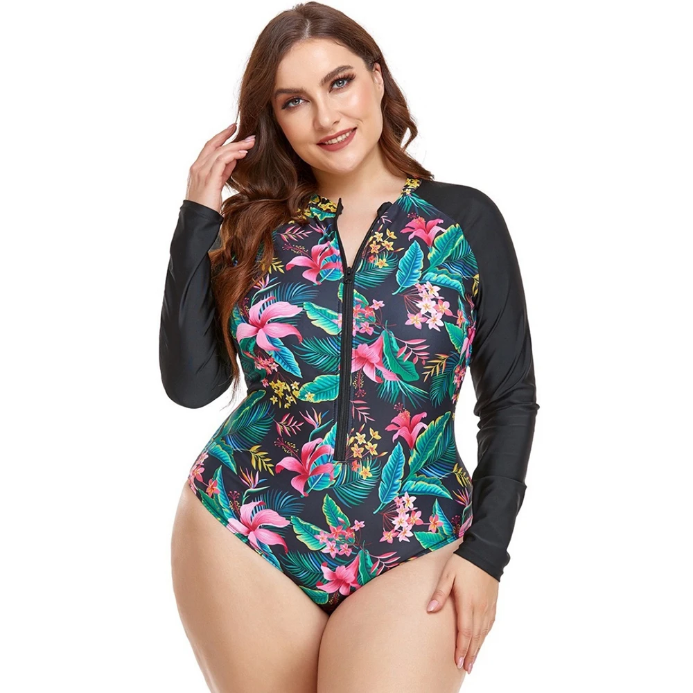 

Women Long Sleeve One-Piece Sun Protection Bikini Swimwear Floral Printed Swimsuit Zipper Front Bodysuit