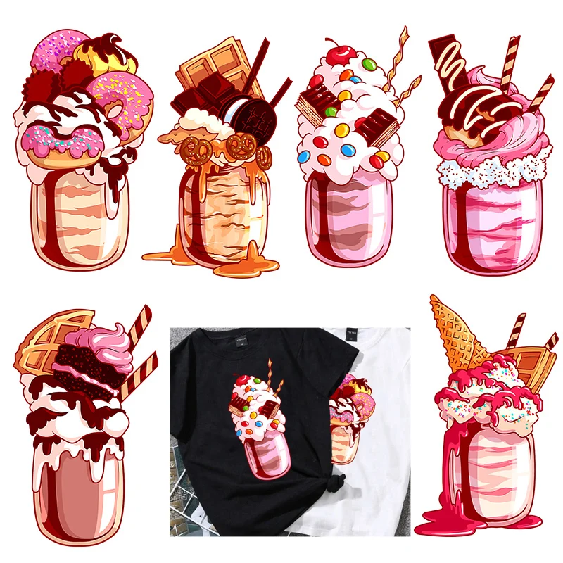 

Food cup ice cream Heat Transfers Iron on Patches for Clothing DIY Dessert Clothes Stickers Appliques Printed A-level Washable