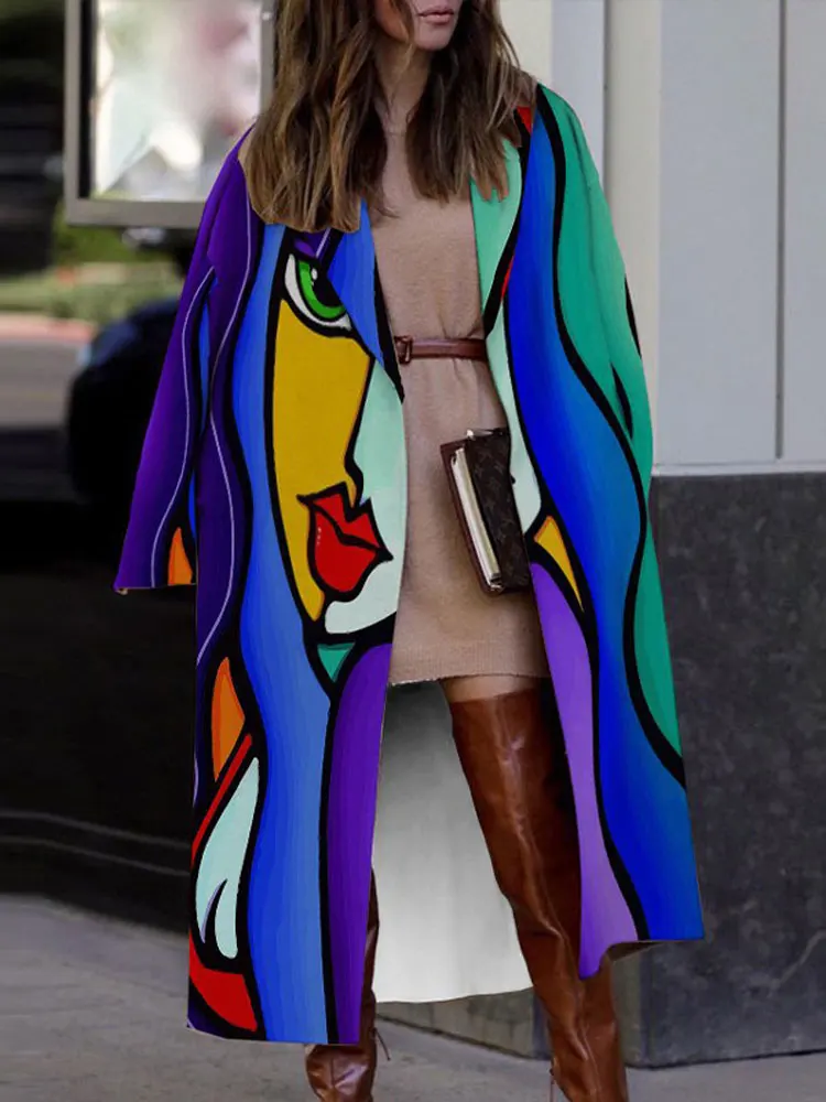 Зимнее длинное теплое Женское пальто с принтом лица свободная повседневная