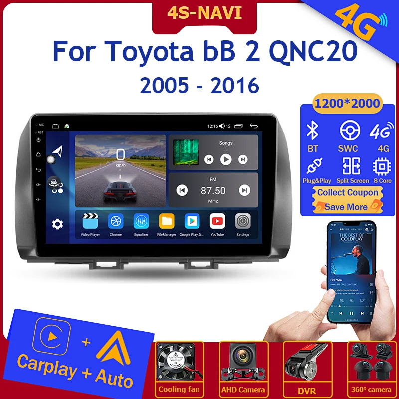 

Автомагнитола на Android, мультимедийный видеоплеер с монитором для Toyota bB 2 QNC20 2005-2016, головное устройство с GPS-навигацией для Carplay, Wi-Fi
