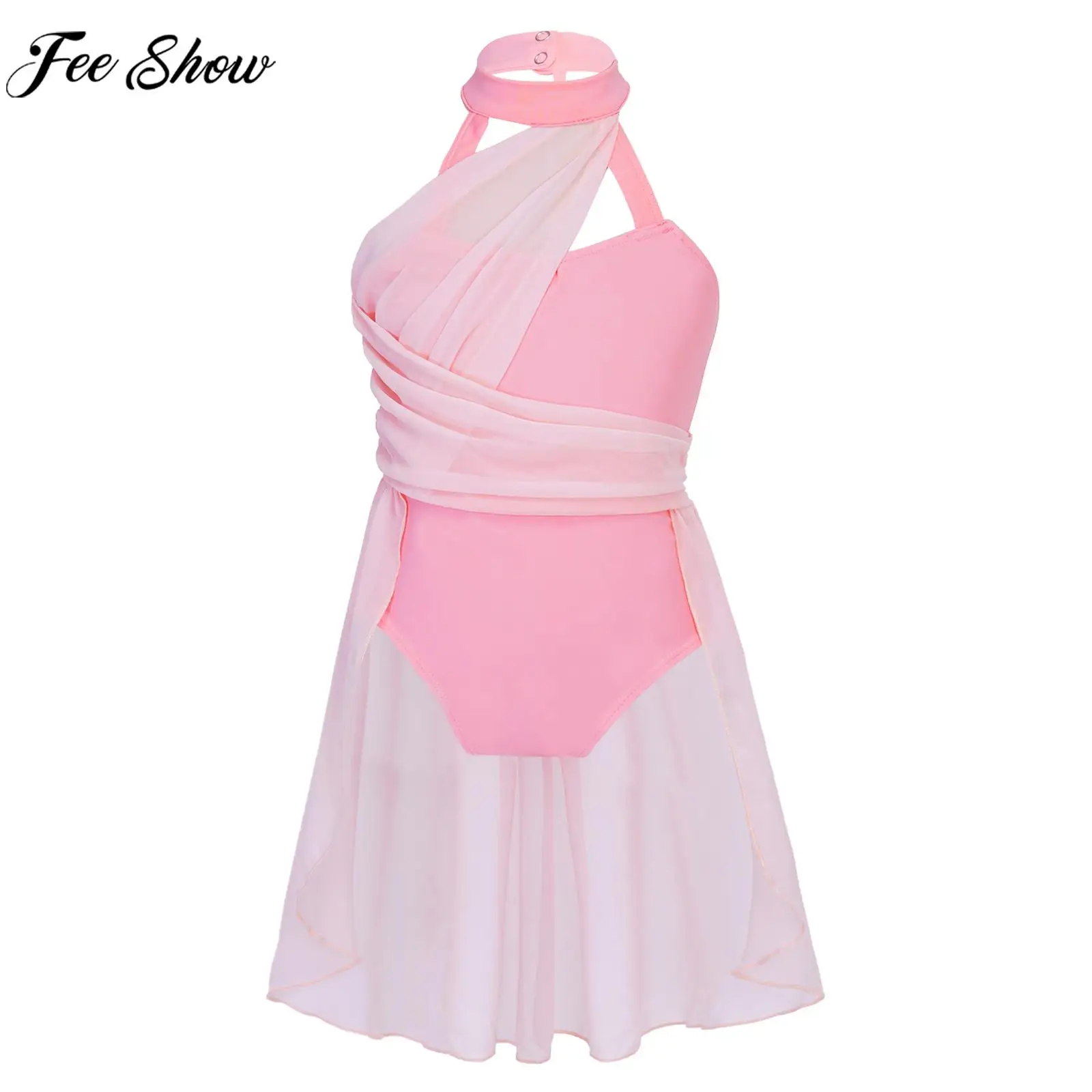 

Kids Girls Ruched Chiffon Ballet Tutu Dress Sleeveless Caged Back Lyrical Contemporary Dance Gymnastics Leotard Dress Dancewear