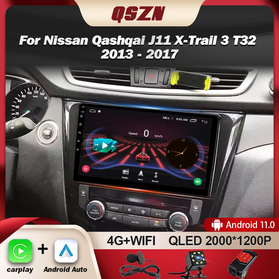 Автомагнитола QSZN для Nissan Qashqai J11 X-Trail 3 T32 2013-2017 Android 13 мультимедийный проигрыватель