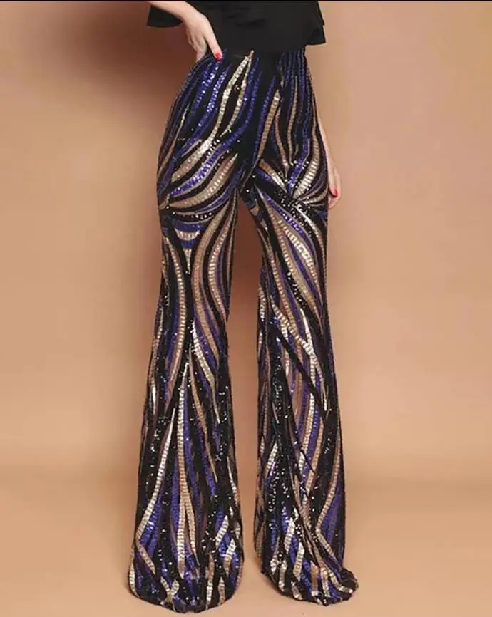 

women pants new trousers high waist elegant 2022 fashion Glitter High Waist Bell-bottomed Colorblock Striped Sequins Pants