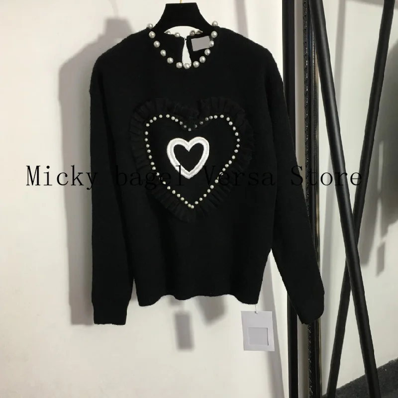 

luxury high quality mesh splicing color matching crew neck Pullover love embroidery fashion women's long sleeve knitted sweater