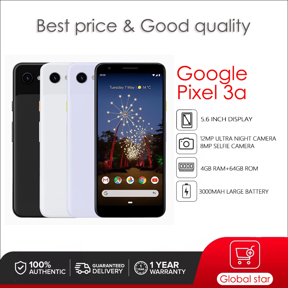 

Original Unlocked Google Pixel 3a 5.6" 4GB RAM 64GB ROM 3000mAh 12MP NFC Octa Core 4G LTE Smartphone Cell Phone