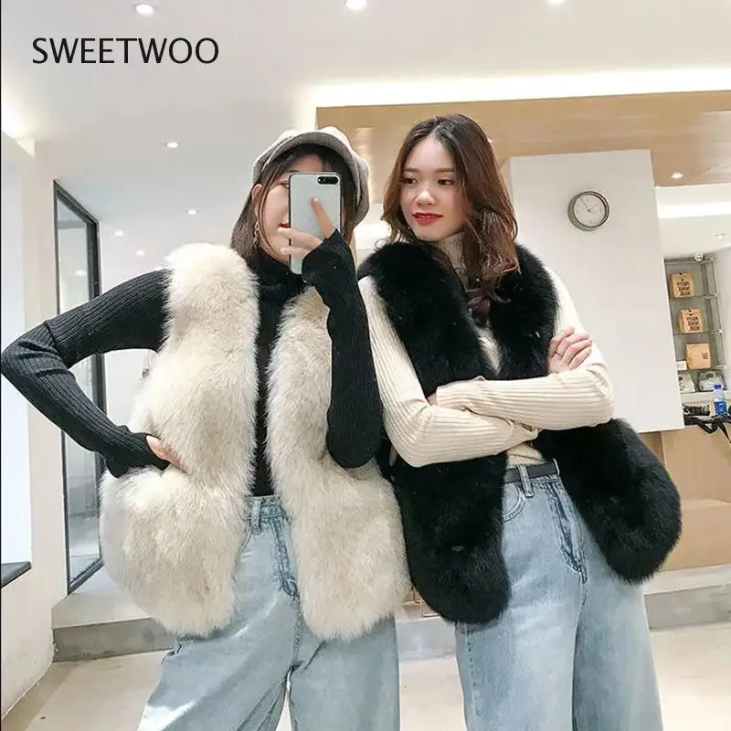 Autumn Winter Solid Imitation Fox Fur Vests Korean Sexy Sleeveless Pocket Cardigan Jackets New Slim 4 Colors Streetwear Clothing