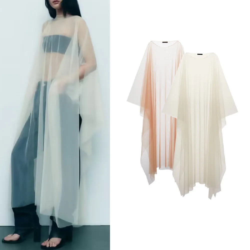 

COS LRIS 2023 summer fashion new temperament semi-perspective loose gown sunscreen tulle long cloak coat 0653018