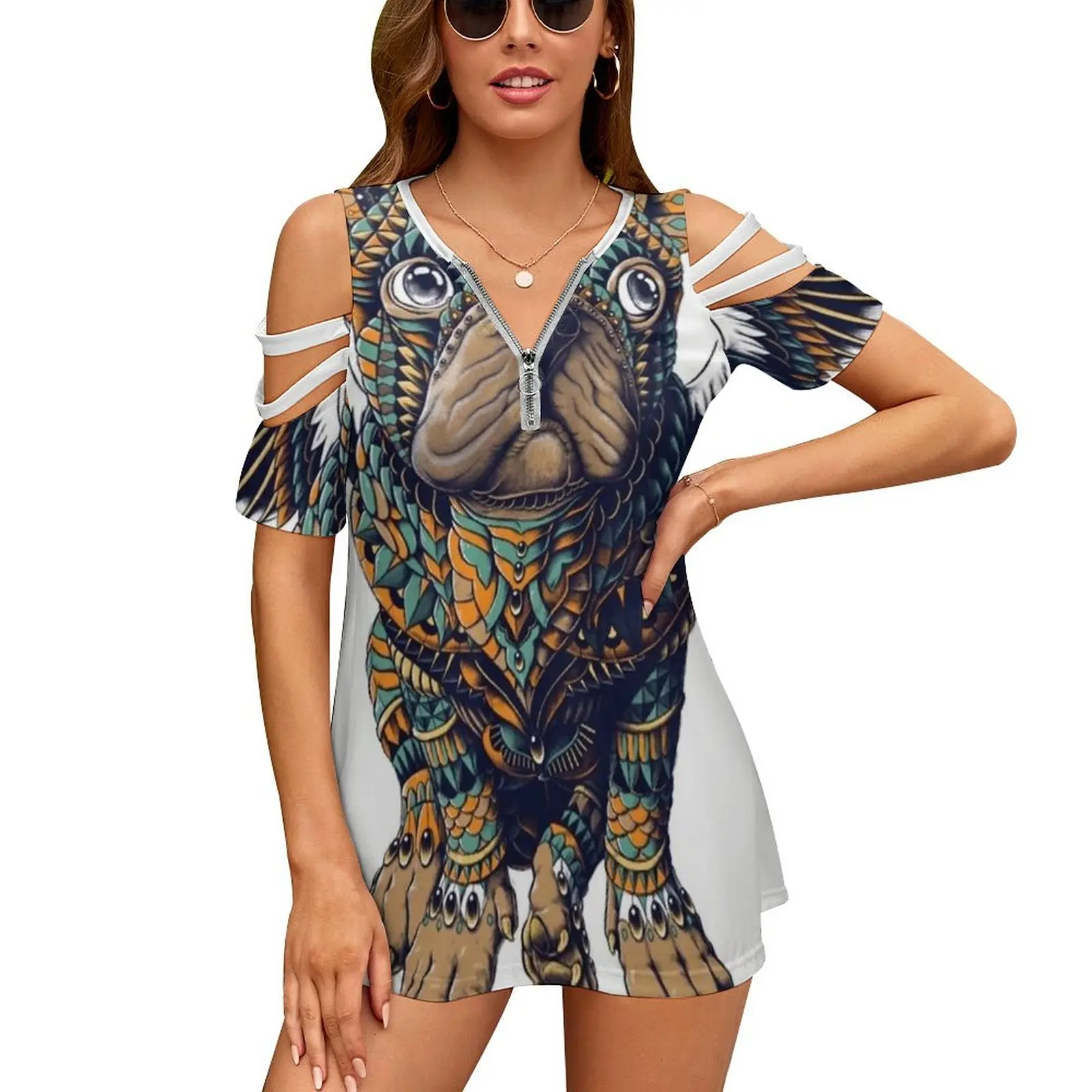 

Frenchie Women Zipper Sexy Printed Vintage T Shirts Tops Full Print T-Shirt Frenchie French French Bulldog Dog Bulldog Bully