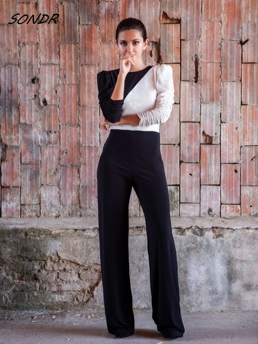 

2022 Office Lady Jumpsuit Elegant Black Patchwork Long Sleeve 1 Piece Outfits Bodycon Jumpsuit