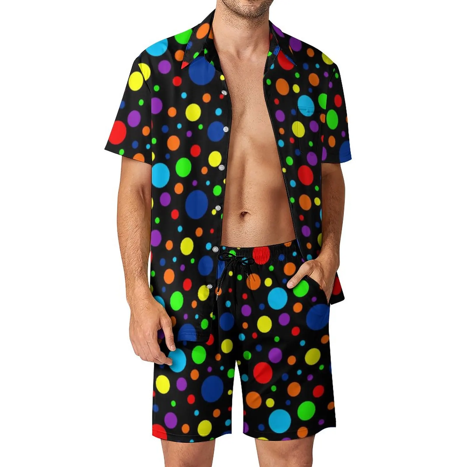 

Vintage 80S Polka Dots Men Sets Dark Rainbow Spots Casual Shirt Set Trendy Vacation Shorts Summer Suit Two-piece Plus Size