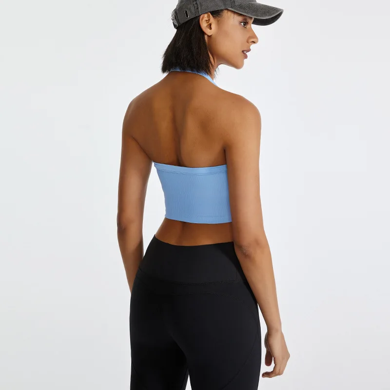 

Ribbed Halter Neck Wireless Fitness Training Yoga Bra Top Women Sexy Backless Shockproof Sport Workout Exercise Crop Top