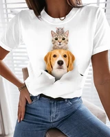 2022 womens street fashion short sleeve straight sleeve pullover cute cat and dog cartoon round neck 3d t shirt