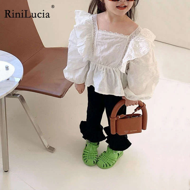 

Модная Корейская Свободная рубашка rinilled для маленьких девочек с длинным рукавом, милая кружевная блузка с оборками, милые белые топы, весен...