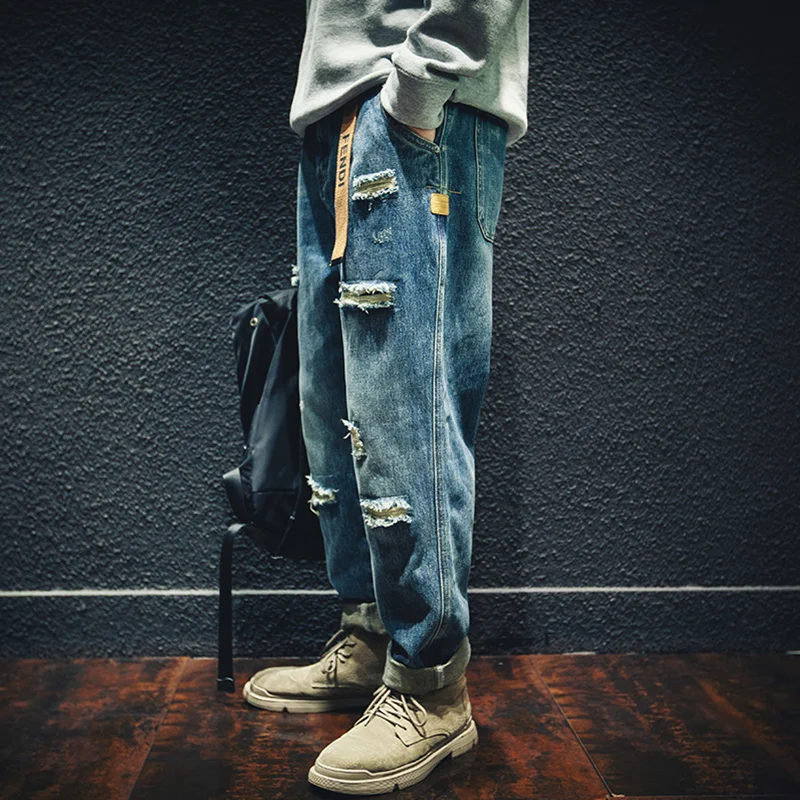 Streetwear Men 2022 New Pasting Cloth Ripped Jeans Loose Recreational Straight Cylinder Blue Temperament Trousers Autumn Female